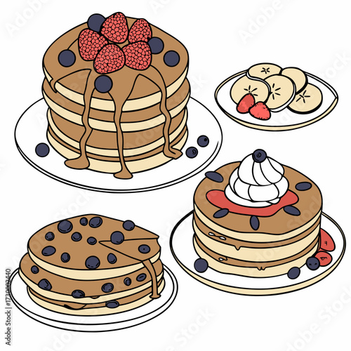 Set of four pancakes with different toppings. Pancakes on white plate. Baking with syrup or honey. Breakfast concept. Flat vector illustration isolated on white background