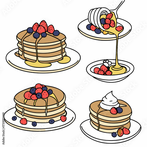Set of four pancakes with different toppings. Pancakes on white plate. Baking with syrup or honey. Breakfast concept. Flat vector illustration isolated on white background