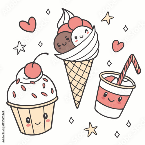 set of doodle with different ice cream types: ice cream waffle cone, cup ice cream