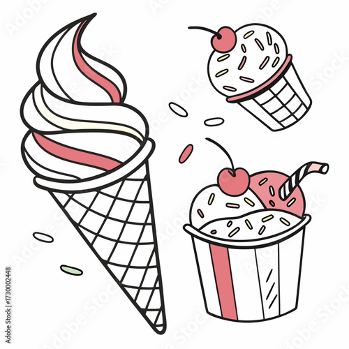 set of doodle with different ice cream types: ice cream waffle cone, cup ice cream