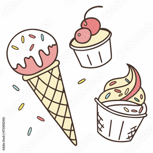 set of doodle with different ice cream types: ice cream waffle cone, cup ice cream