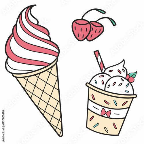 set of doodle with different ice cream types: ice cream waffle cone, cup ice cream