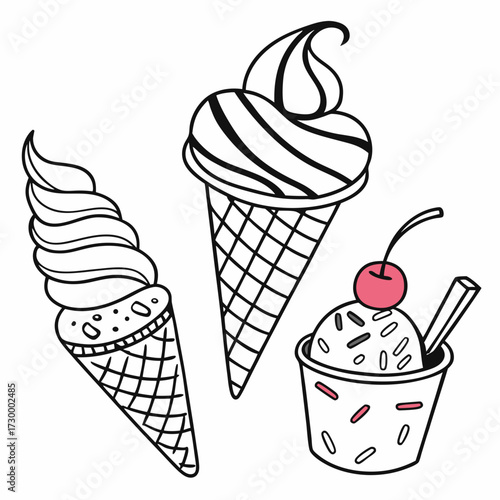 set of doodle with different ice cream types: ice cream waffle cone, cup ice cream