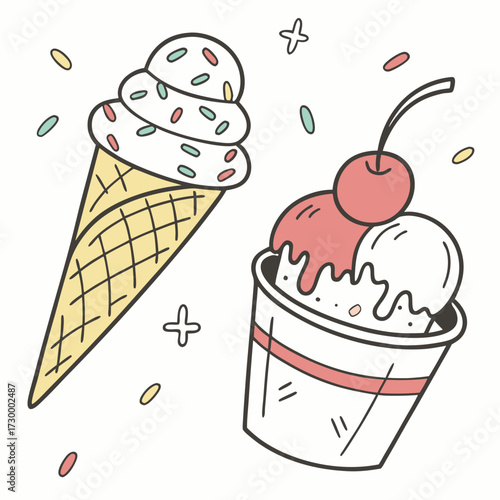 set of doodle with different ice cream types: ice cream waffle cone, cup ice cream
