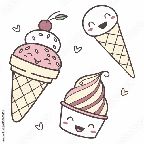 set of doodle with different ice cream types: ice cream waffle cone, cup ice cream