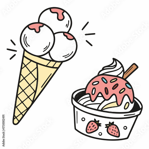 set of doodle with different ice cream types: ice cream waffle cone, cup ice cream