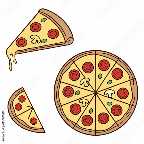 Whole and chopped pizza icon. Vector collection on white background.