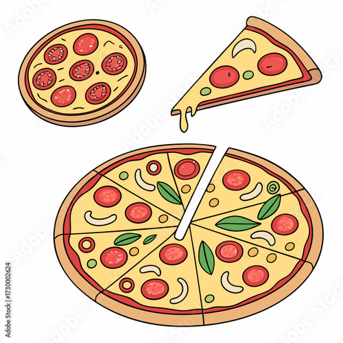 Whole and chopped pizza icon. Vector collection on white background.