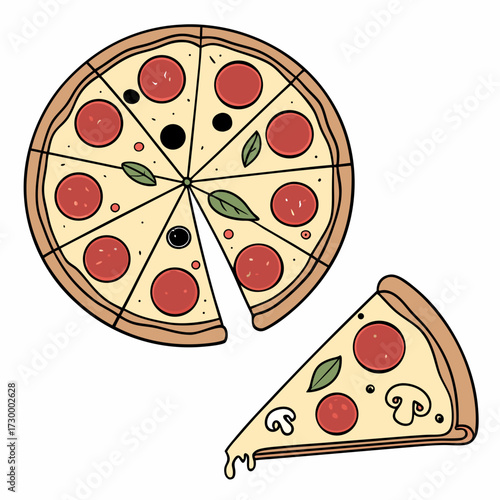 Whole and chopped pizza icon. Vector collection on white background.