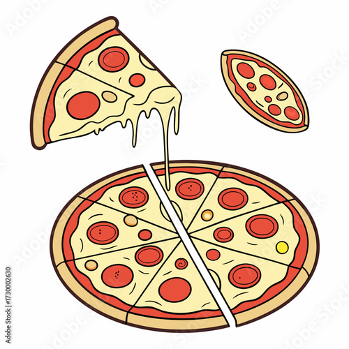 Whole and chopped pizza icon. Vector collection on white background.