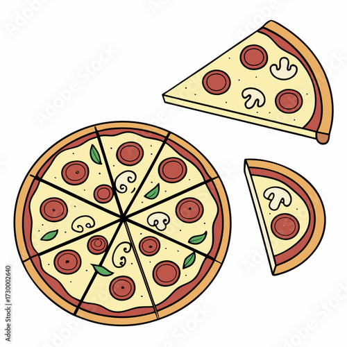 Whole and chopped pizza icon. Vector collection on white background.