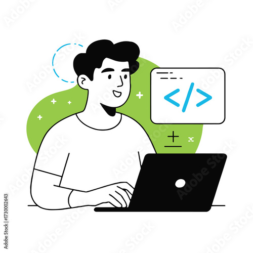 Vector art of a programmer is coding on a laptop, he is working on a software project, writing code, and debugging it he is focused and concentrated