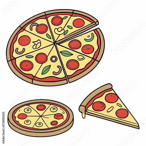 Whole and chopped pizza icon. Vector collection on white background.
