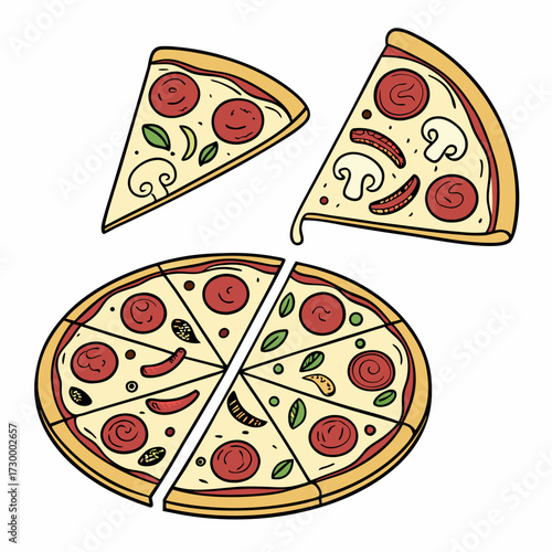Whole and chopped pizza icon. Vector collection on white background.