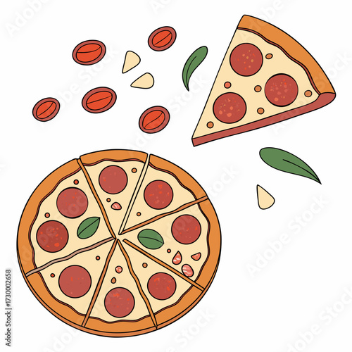 Whole and chopped pizza icon. Vector collection on white background.