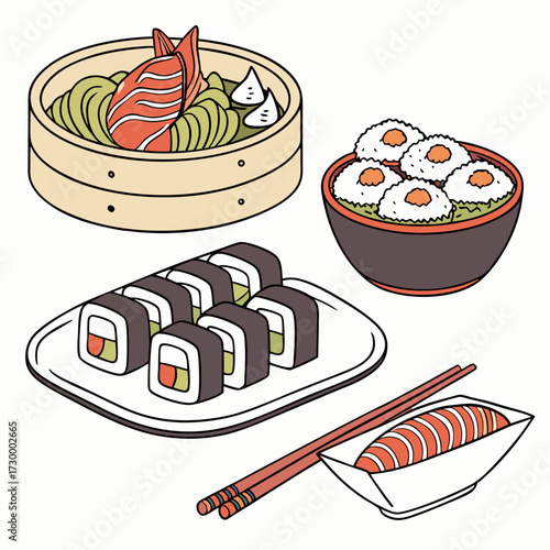 Cartoon asian cuisine rolls, sushi, sashimi dishes. Japanese oriental cuisine, seaweed, rice, fish and meat meals vector illustration set. Traditional sushi dishes