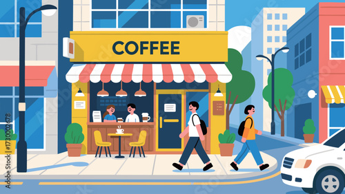 Coffee Shop Scene Illustration of a Cafe with People and Cityscape