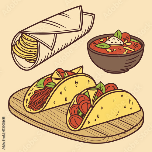 Mexican traditional food set burrito, tacos, chili, tomato, nachos. Engraving
