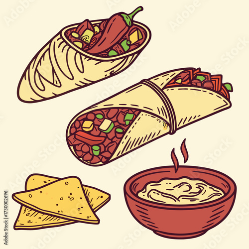Mexican traditional food set burrito, tacos, chili, tomato, nachos. Engraving