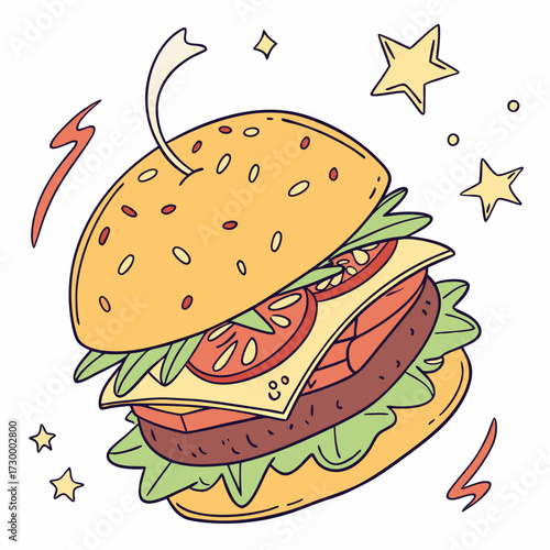 Cartoon Burger With Lettuce, Tomato, And Cheese. Vector Hand Drawn Illustration Isolated On Transparent Background
