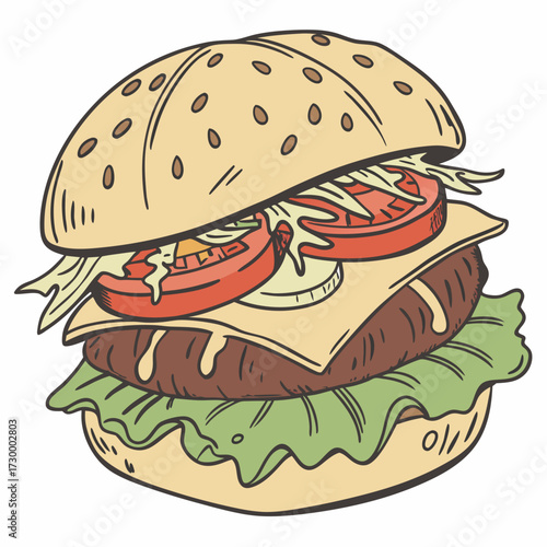 Cartoon Burger With Lettuce, Tomato, And Cheese. Vector Hand Drawn Illustration Isolated On Transparent Background