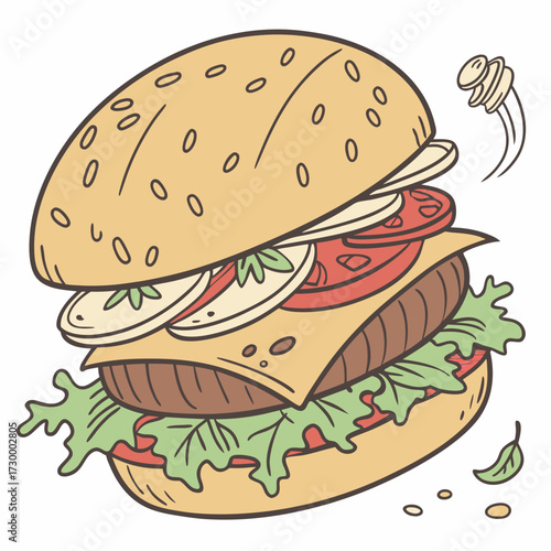 Cartoon Burger With Lettuce, Tomato, And Cheese. Vector Hand Drawn Illustration Isolated On Transparent Background