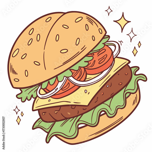 Cartoon Burger With Lettuce, Tomato, And Cheese. Vector Hand Drawn Illustration Isolated On Transparent Background