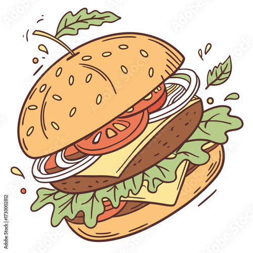 Cartoon Burger With Lettuce, Tomato, And Cheese. Vector Hand Drawn Illustration Isolated On Transparent Background