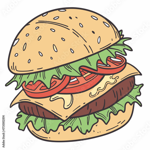 Cartoon Burger With Lettuce, Tomato, And Cheese. Vector Hand Drawn Illustration Isolated On Transparent Background