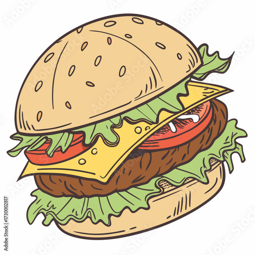 Cartoon Burger With Lettuce, Tomato, And Cheese. Vector Hand Drawn Illustration Isolated On Transparent Background