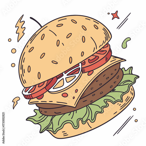 Cartoon Burger With Lettuce, Tomato, And Cheese. Vector Hand Drawn Illustration Isolated On Transparent Background