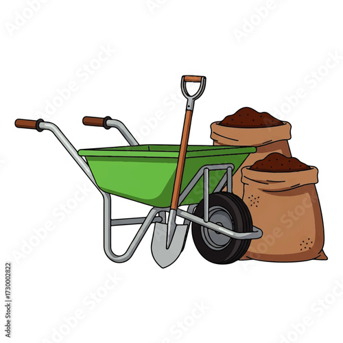 Gardening Essentials Wheelbarrow, Shovel, and Bags of Soil - Tools for Cultivating a Garden