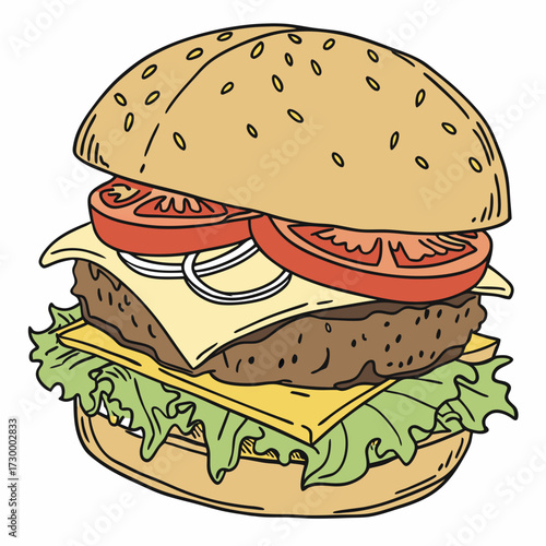 Cartoon Burger With Lettuce, Tomato, And Cheese. Vector Hand Drawn Illustration Isolated On Transparent Background