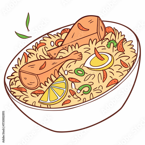hot and spicy chicken biryani with roasted pieces and lemon illustration on isolated white background