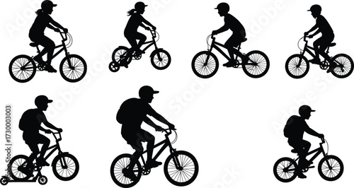 Children riding bicycles silhouette, kids cycling on bikes, outdoor activity illustration, healthy lifestyle, school commute, exercise, transportation, childhood fun, silhouettes