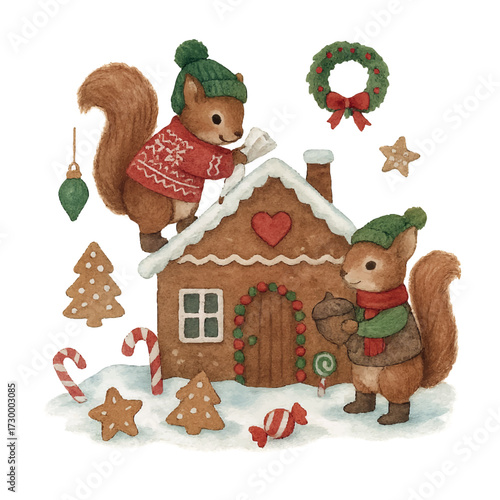 Squirrel Christmas Illustration Set with Gingerbread House, Cookies, Candy Canes and Wreath – Hand-painted Watercolor Style