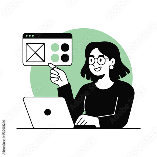 Vector art of a woman is working on a website design with a laptop, she is pointing at the screen with her finger she is smiling
