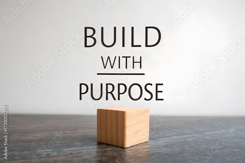 Single wooden cube centered on matte surface, phrase “Build with purpose” placed directly above in strong yet minimal font, reflecting clarity of action.