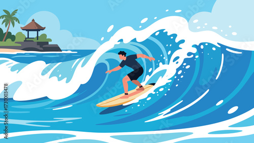 Surfer riding a massive ocean wave with tropical island backdrop