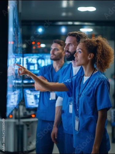 Focused Observation: A dedicated medical team intently analyzes complex data on a high-tech display, symbolizing expertise, collaboration, and precision in a cutting-edge medical environment.