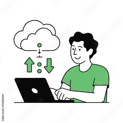 Vector art of a man using a laptop with cloud data exchange, he is smiling, indicating efficient cloudbased workflow and collaboration