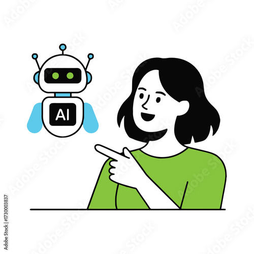 Vector art of a cheerful woman points to a friendly ai robot, showcasing the integration of artificial intelligence in daily life