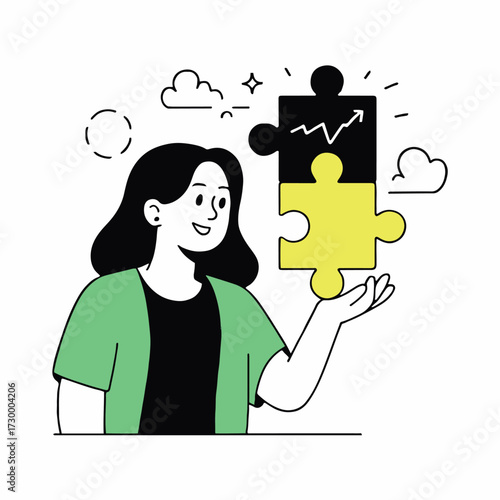 Vector art of a woman holding puzzle pieces, symbolizing problemsolving and strategic thinking, it represents teamwork and collaboration
