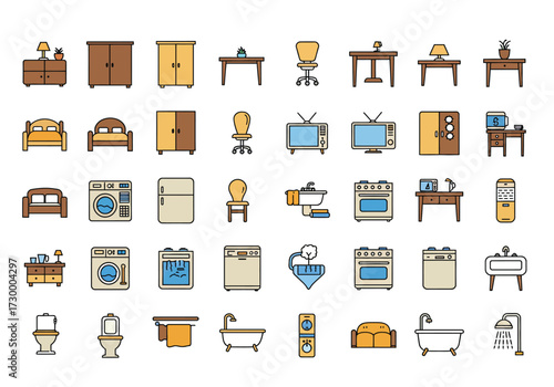 Vector art of a vibrant collection of home interior icons, showcasing essential elements like furniture, appliances, and decorative items, all rendered in a clean, modern style