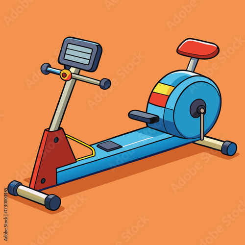 Blue Stationary Exercise Bike with Red Accents on Orange Background Keywords: exercise bike, stationary