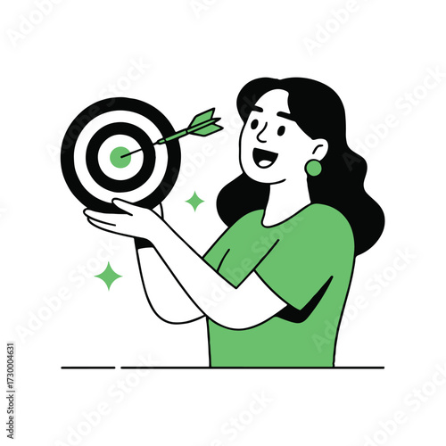 Vector art of a woman is holding a target with an arrow in the center, with a green shirt, and stars around her