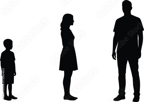 Family silhouette illustration, father mother child standing together, people lifestyle, parenthood concept, generation bond, social connection, unity, love, relationship, community