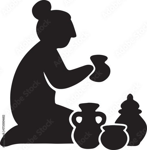 Silhouette of clay market figurines, handmade miniature art, traditional and decorative vector.