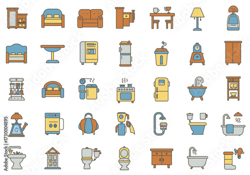 Vector art of a vibrant collection of home interior icons, showcasing essential elements like furniture, appliances, and decorative items, all rendered in a clean, modern style