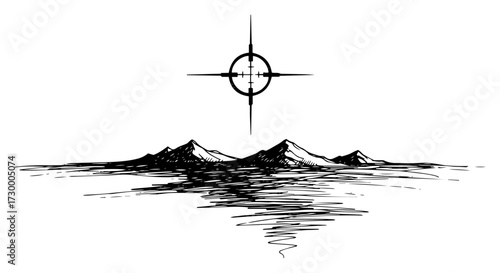 Sniper Scope Target Over a Mountain Landscape
